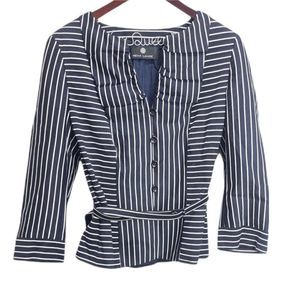 Rena Lange Striped Suit Jacket W/ belt Size 12 100% Cotton